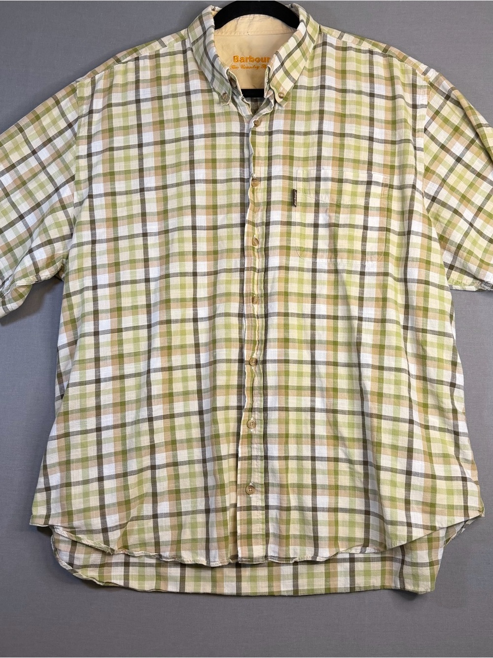 Men’s XL Barbour Green and White Plaid Short Sleeve Button-Down Shirt